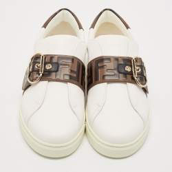 Fendi White/Brown Leather FF Buckle Low Top Sneakers Size 41