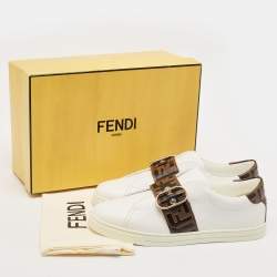Fendi White/Brown Leather FF Buckle Low Top Sneakers Size 41