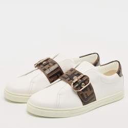 Fendi White/Brown Leather FF Buckle Low Top Sneakers Size 41