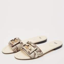 Fendi Beige/Cream Python Embossed Leather Baguette Flat Slides Size 38.5