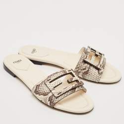 Fendi Beige/Cream Python Embossed Leather Baguette Flat Slides Size 38.5