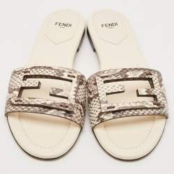 Fendi Beige/Cream Python Embossed Leather Baguette Flat Slides Size 38.5