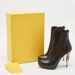 Fendi Black/Brown Leather and Stretch Fabric Platform Ankle Boots Size 40