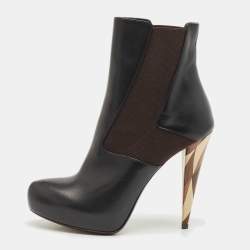 Fendi Black/Brown Leather and Stretch Fabric Platform Ankle Boots Size 40