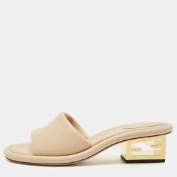 Fendi Beige Leather FF Baguette Heel Slide Sandals Size 40