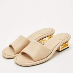 Fendi Beige Leather FF Baguette Heel Slide Sandals Size 40