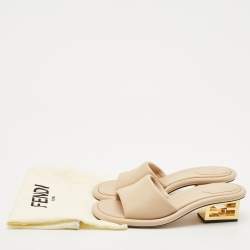 Fendi Beige Leather FF Baguette Heel Slide Sandals Size 40