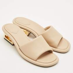 Fendi Beige Leather FF Baguette Heel Slide Sandals Size 40