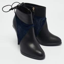 Fendi Black/Blue Leather and Calf Hair Ankle Booties Size 36.5