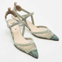 Fendi Green/Grey Zucca Mesh and Fabric Colibri Lite Slingback Pumps Size 36