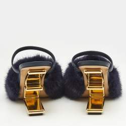 Fendi Navy Blue Mink Fur and Leather Fendi First Slide Sandals Size 39
