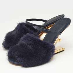 Fendi Navy Blue Mink Fur and Leather Fendi First Slide Sandals Size 39