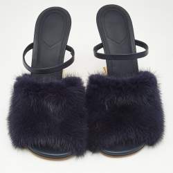 Fendi Navy Blue Mink Fur and Leather Fendi First Slide Sandals Size 39