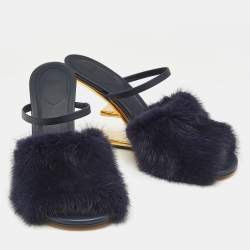 Fendi Navy Blue Mink Fur and Leather Fendi First Slide Sandals Size 39