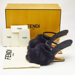 Fendi Navy Blue Mink Fur and Leather Fendi First Slide Sandals Size 39