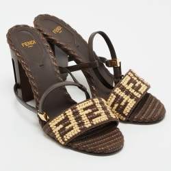 Fendi Brown/Beige Zucca Raffia and Leather Delfina Sandals Size 38