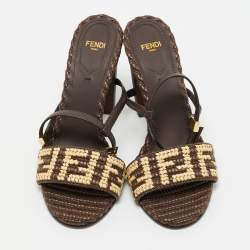 Fendi Brown/Beige Zucca Raffia and Leather Delfina Sandals Size 38