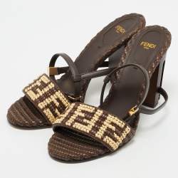 Fendi Brown/Beige Zucca Raffia and Leather Delfina Sandals Size 38