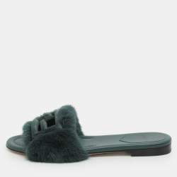 Fendi Green Mink Fur Baguette Slide Sandals Size 36