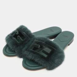 Fendi Green Mink Fur Baguette Slide Sandals Size 36