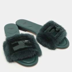 Fendi Green Mink Fur Baguette Slide Sandals Size 36