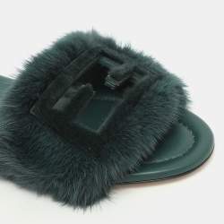 Fendi Green Mink Fur Baguette Slide Sandals Size 36