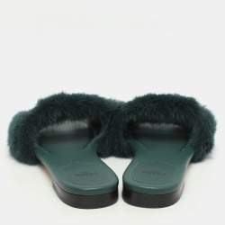 Fendi Green Mink Fur Baguette Slide Sandals Size 36