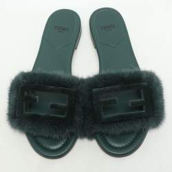 Fendi Green Mink Fur Baguette Slide Sandals Size 36
