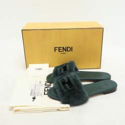Fendi Green Mink Fur Baguette Slide Sandals Size 36
