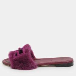 Fendi Purple Mink Fur Baguette Flat Slides Size 37
