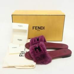 Fendi Purple Mink Fur Baguette Flat Slides Size 37