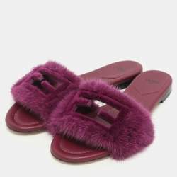 Fendi Purple Mink Fur Baguette Flat Slides Size 37