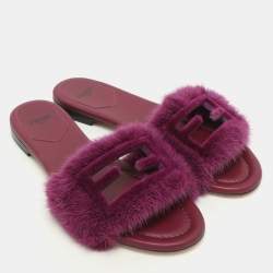Fendi Purple Mink Fur Baguette Flat Slides Size 37