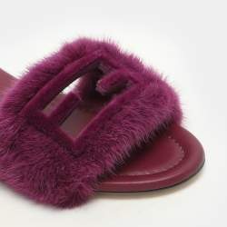 Fendi Purple Mink Fur Baguette Flat Slides Size 37