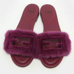 Fendi Purple Mink Fur Baguette Flat Slides Size 37