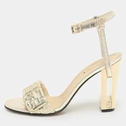 Fendi Gold Leather and Sequins Delfina Ankle Strap Sandals Size 38