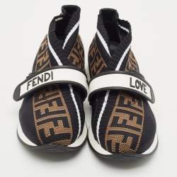 Pre Owned Fendi Black/Brown Zucca Print Knit Fabric Rockoko Sneakers Size 34