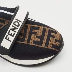 Pre Owned Fendi Black/Brown Zucca Print Knit Fabric Rockoko Sneakers Size 34