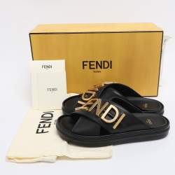Pre Owned Fendi Black Leather Fendigraphy Flat Slides Size 37