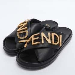 Pre Owned Fendi Black Leather Fendigraphy Flat Slides Size 37