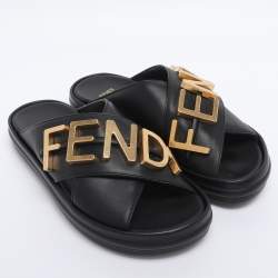 Pre Owned Fendi Black Leather Fendigraphy Flat Slides Size 37