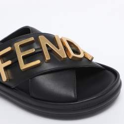 Pre Owned Fendi Black Leather Fendigraphy Flat Slides Size 37