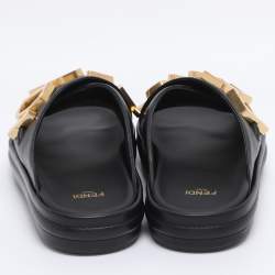 Pre Owned Fendi Black Leather Fendigraphy Flat Slides Size 37