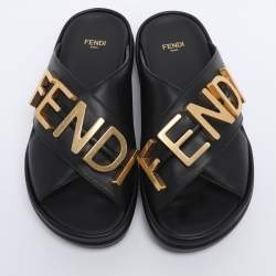 Pre Owned Fendi Black Leather Fendigraphy Flat Slides Size 37