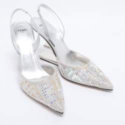 Pre Owned صندل سليب باك فنّدي بجلد فضي وتول مزين بالكريستال فنّدي فيرست مقاس 40