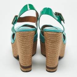 Pre Owned Fendi Green Lizard and Patent Leather Espadrille Wedge Sandals Size 40