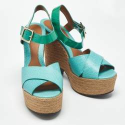 Pre Owned Fendi Green Lizard and Patent Leather Espadrille Wedge Sandals Size 40