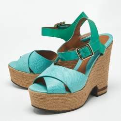 Pre Owned Fendi Green Lizard and Patent Leather Espadrille Wedge Sandals Size 40