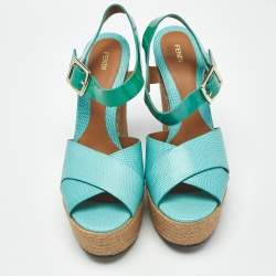 Pre Owned Fendi Green Lizard and Patent Leather Espadrille Wedge Sandals Size 40
