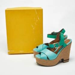 Pre Owned Fendi Green Lizard and Patent Leather Espadrille Wedge Sandals Size 40